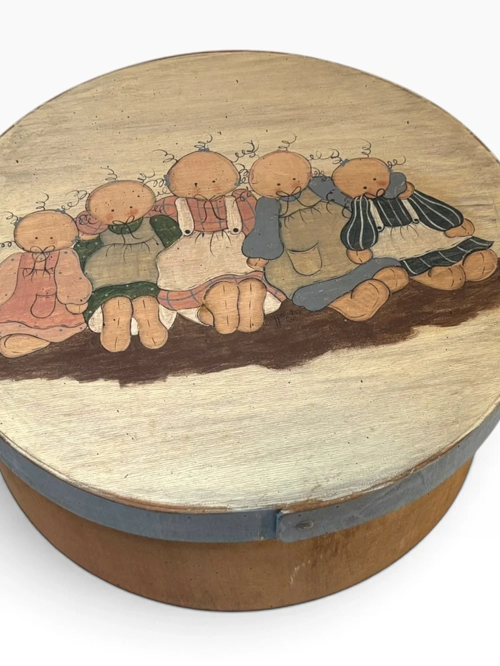 Vintage Bentwood Cheese Box Round Wooden Pantry Box Folk Art Painted Rag Dolls